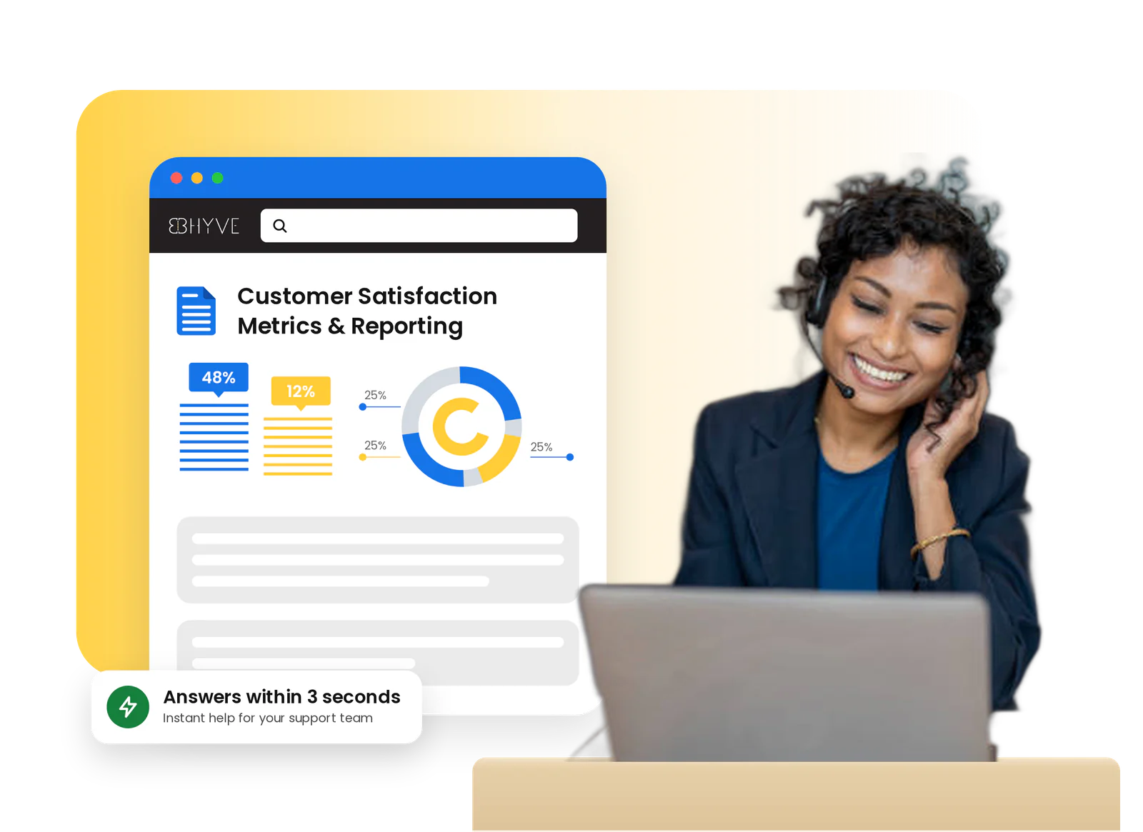 Support agent on a headset using BHyve, with customer satisfaction metrics and answers within 3 seconds
