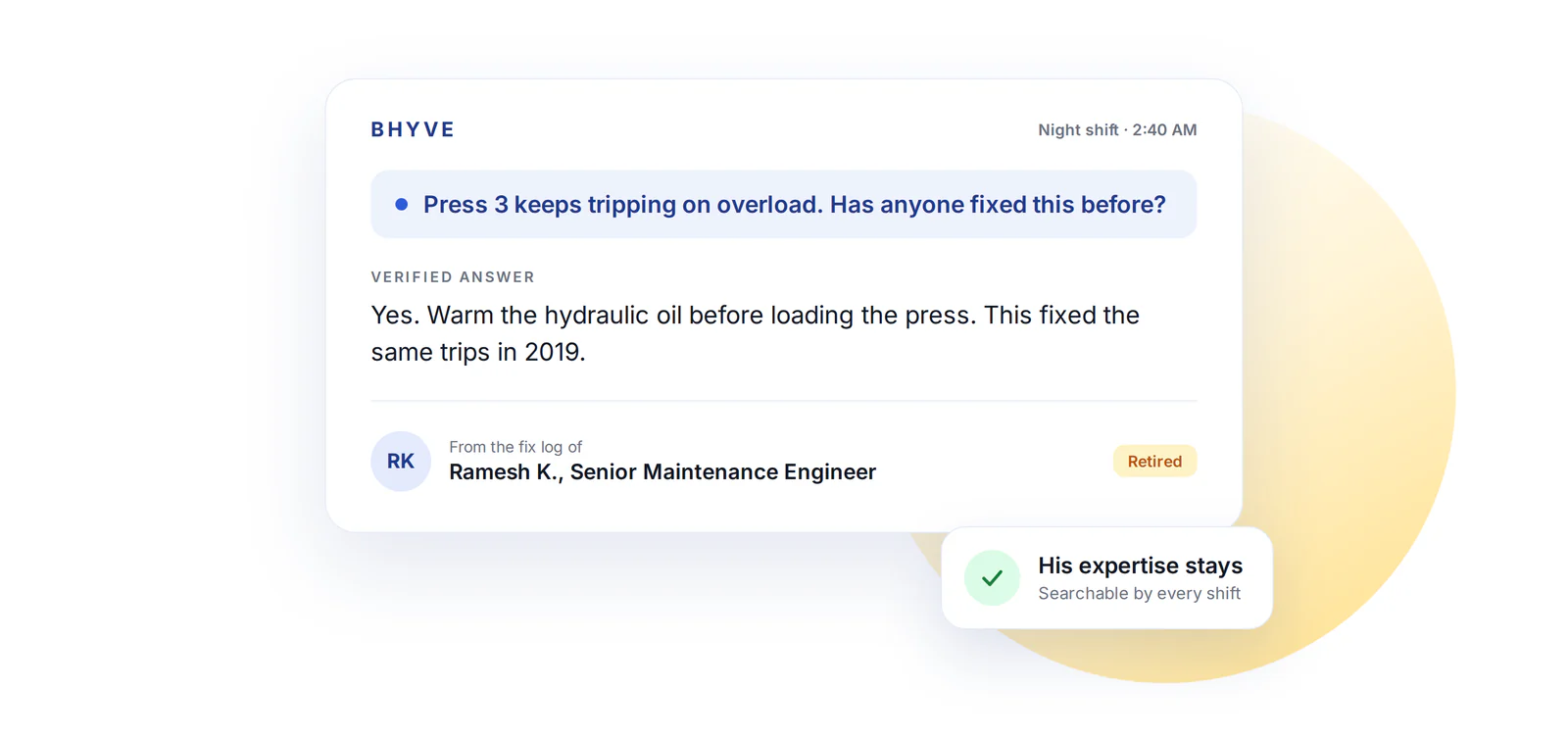 BHyve night-shift answer that cites a retired senior maintenance engineer's fix log for a press tripping on overload